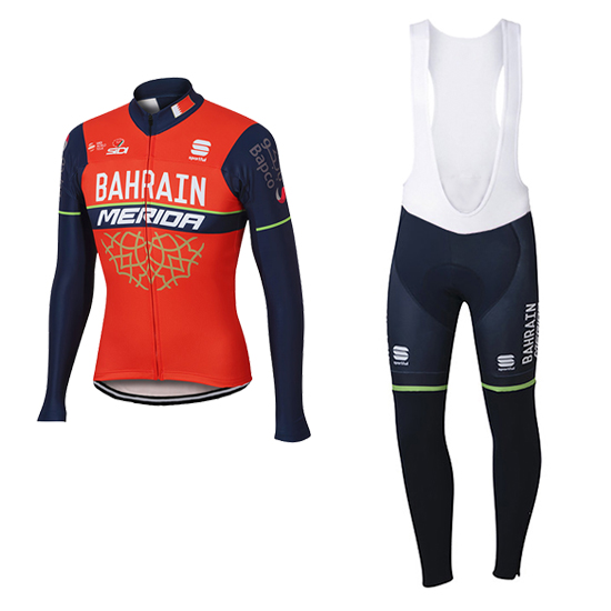 Bahrain Merida Langarmtrikot 2017 und Lange Tragerhose rot